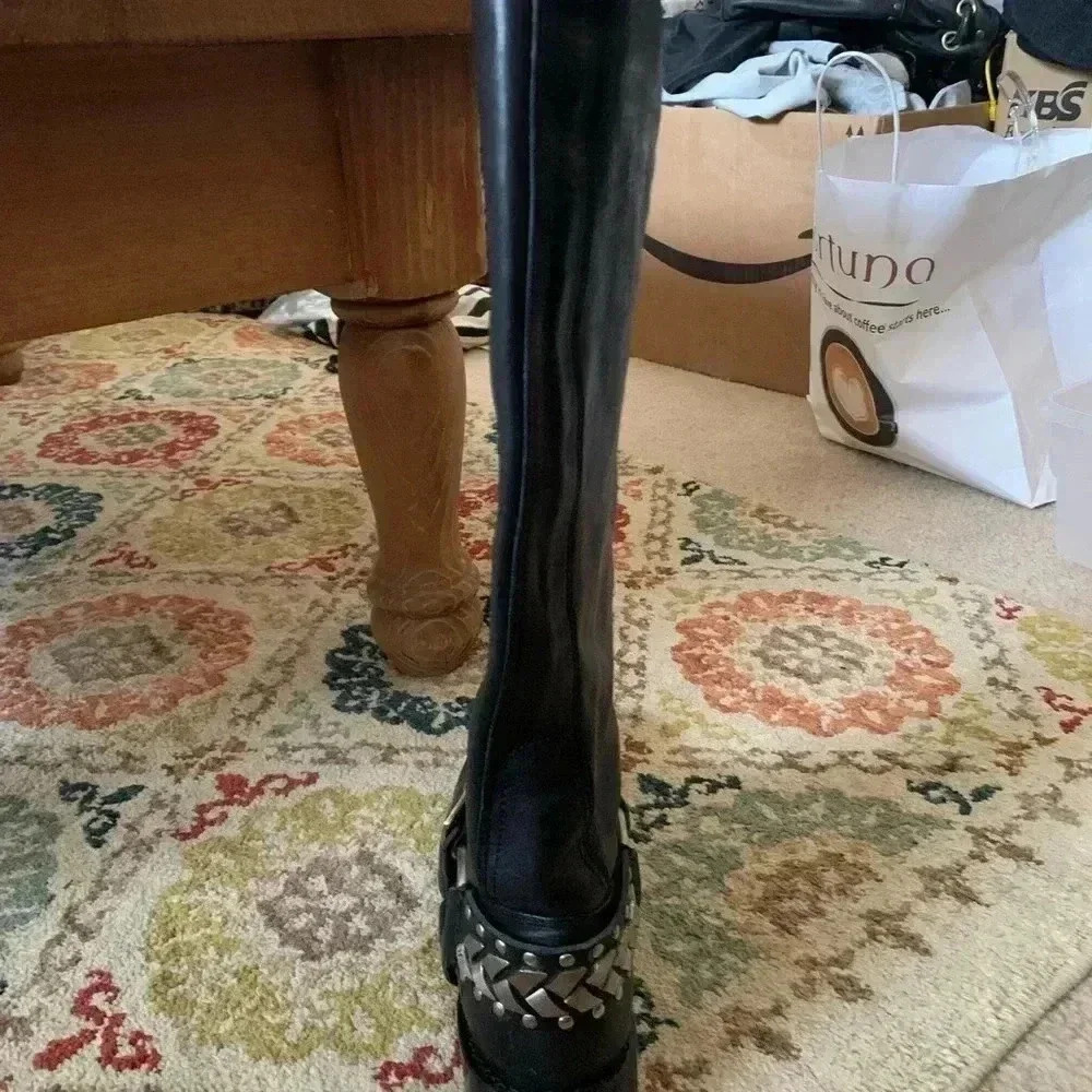 Knee High Black Frye Boots with Silver Adornments - Picture 3 of 14